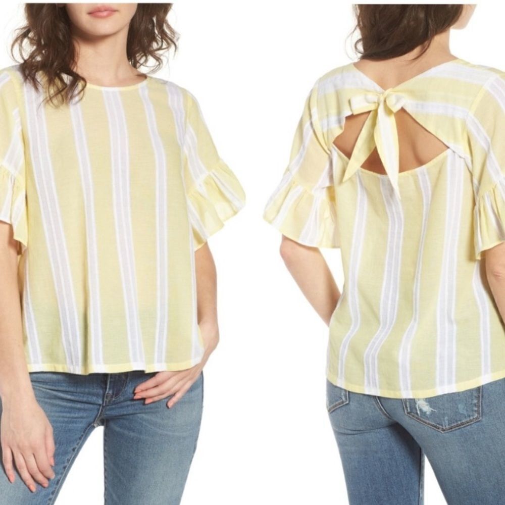 BP Womens Yellow Striped Top Size Large Tie Back Short Sleeve Flutter